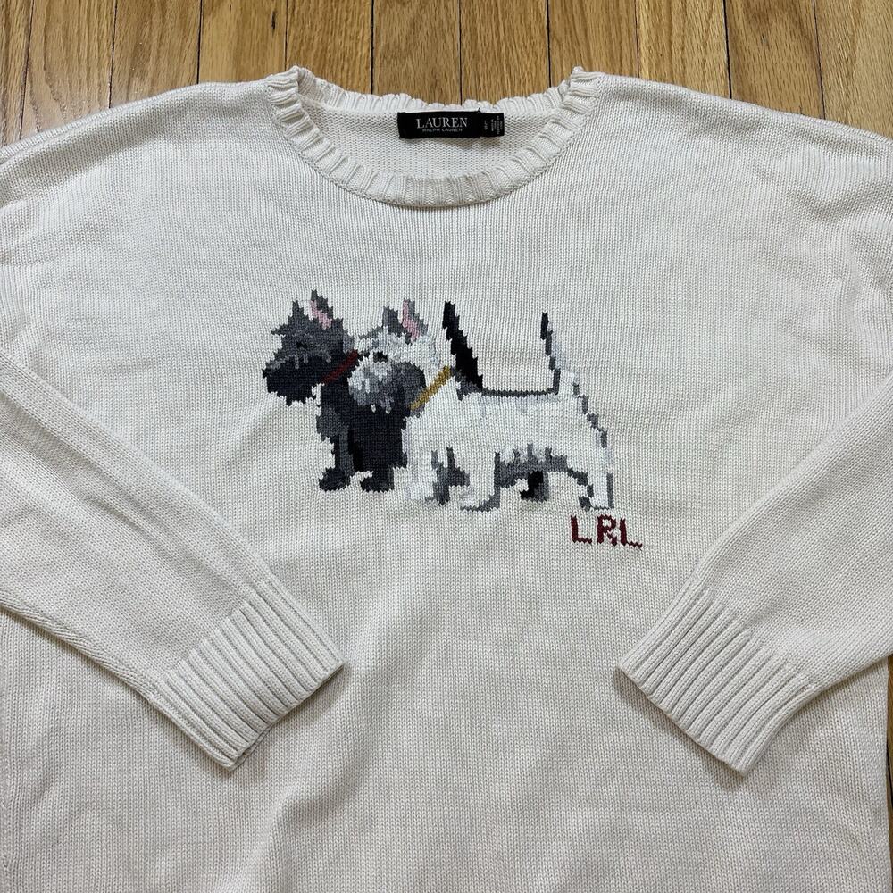 Lauren Ralph Lauren Size Large Scottie Terrier Dog Intarsia Sweater Knit Cream